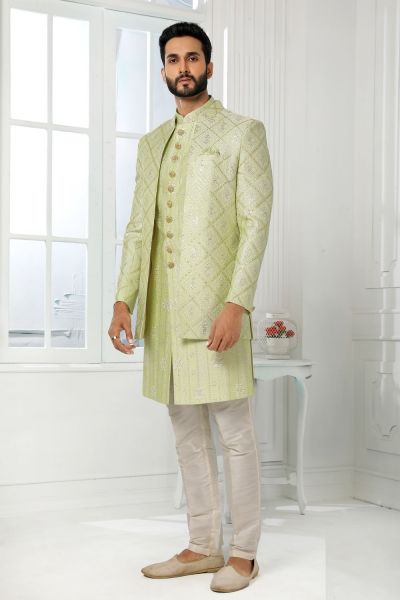 Pista Green Art Silk Indo Western for Men (NMK-6277)