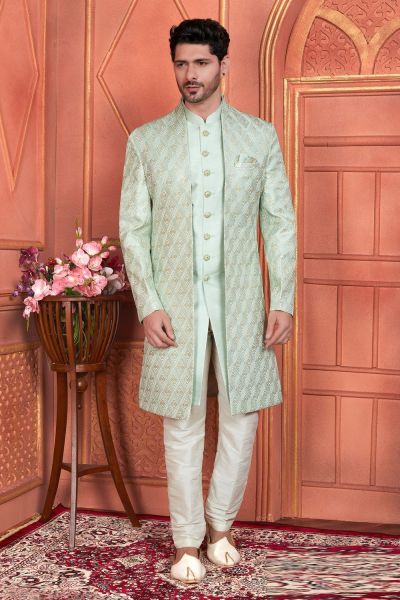 Pista Green Art Silk Indo Western for Men (NMK-7684)