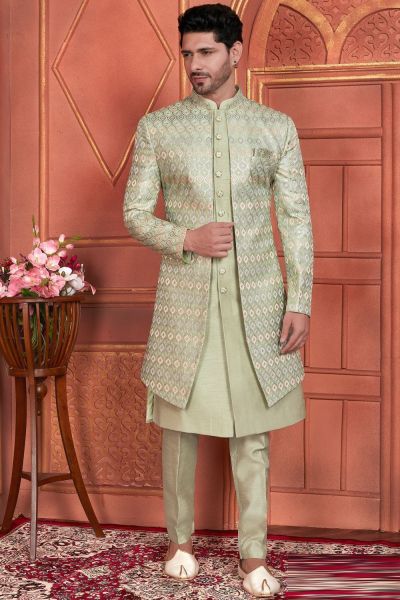 Pista Green Art Silk Mens Indo Western (NMK-7680)