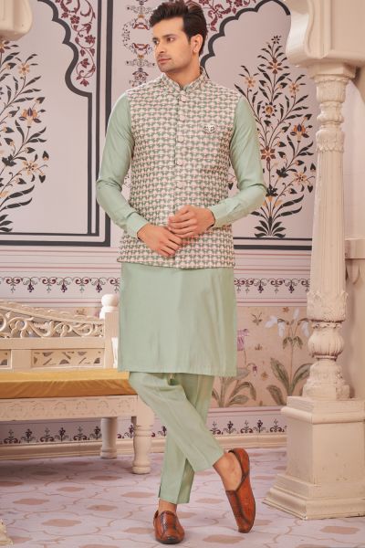 Pista Green Art Silk Mens Nehru Jacket (NMK-7985)