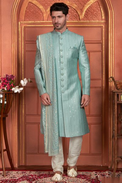 Pista Green Art Silk Mens Sherwani (NMK-7888)