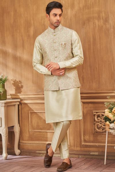 Pista Green Art Silk Nehru Jacket for Men (NMK-8004)