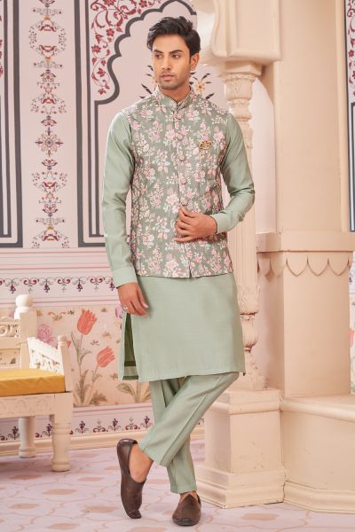 Pista Green Art Silk Nehru Jacket (NMK-8070)