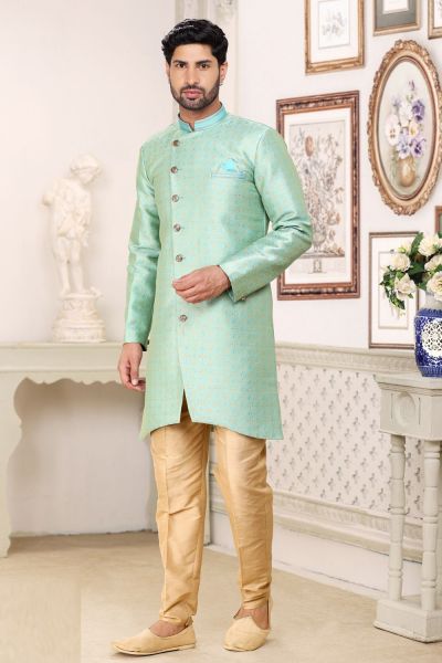 Pista Green Banarasi Jaquard Mens Indo Western (NMK-6899)