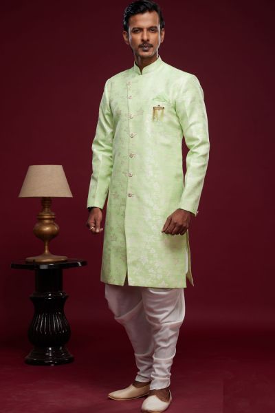 Pista Green Banarasi Jaquard Mens Indo Western (NMK-6984)