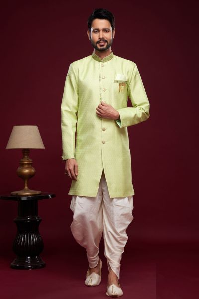 Pista Green Banarasi Jaquard Mens Indo Western (NMK-6988)