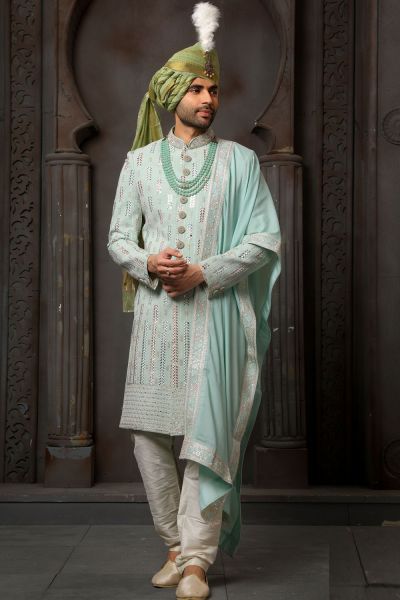 Pista Green Georgette Grooms Sherwani (NMK-6231)