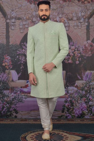 Pista Green Georgette Lucknowi Sherwani (NMK-4771)