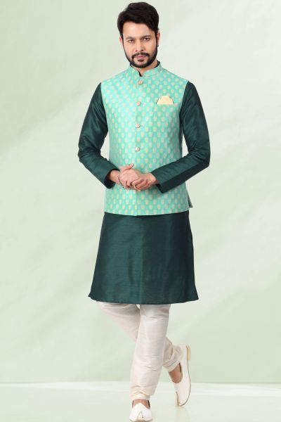 Pista Green Jaquard Mens Nehru Jacket (NMK-6681)