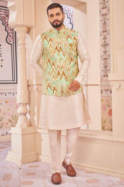 Pista Green Jaquard Semi Silk Brocade Nehru Jacket (NMK-8041)