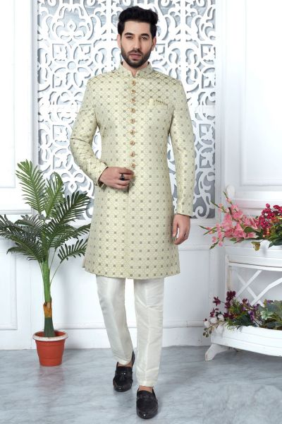 Pista Green Jaquard Silk Indo Western (NMK-7191)