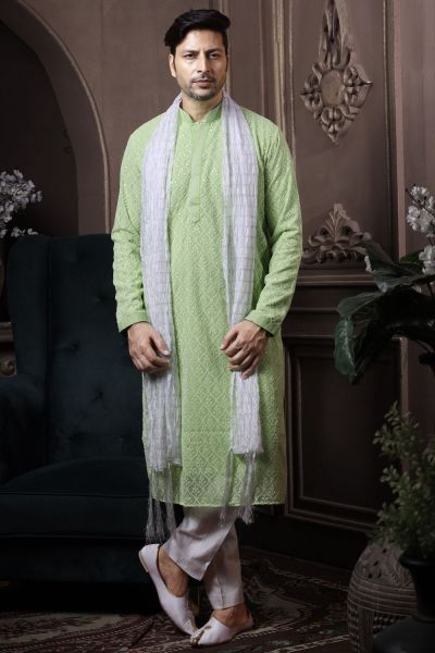 Pista Green Silk Mens Kurta Pajama (NMK-6048)