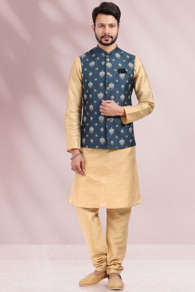 Printed Banarasi Silk Blue Mens Nehru Jacket(NMK-6448)