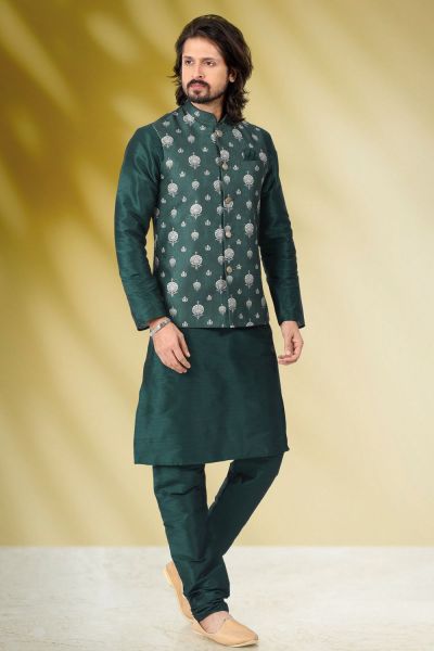 Printed Banarasi Silk Mens Nehru Jacket in Green (NMK-6449)