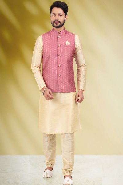 Printed Banarasi Silk Mens Nehru Jacket in Pink (NMK-6457)