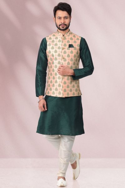 Printed Banarasi Silk Peach Mens Nehru Jacket (NMK-6452)