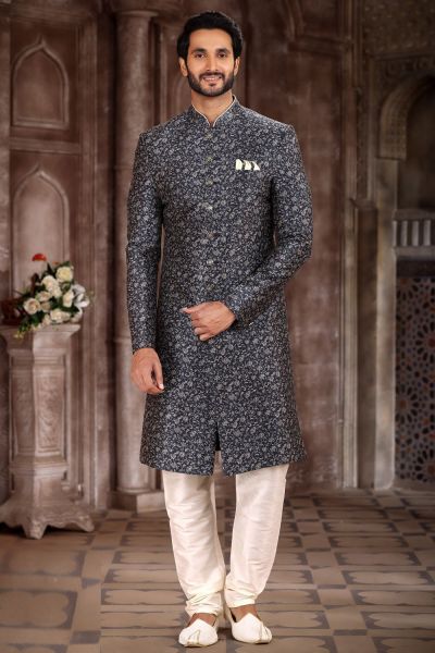 Printed Black Art Silk Sherwani (NMK-6877)