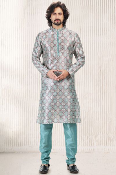 Printed Blue Jaquard Banarasi Silk Kurta (NMK-6713)