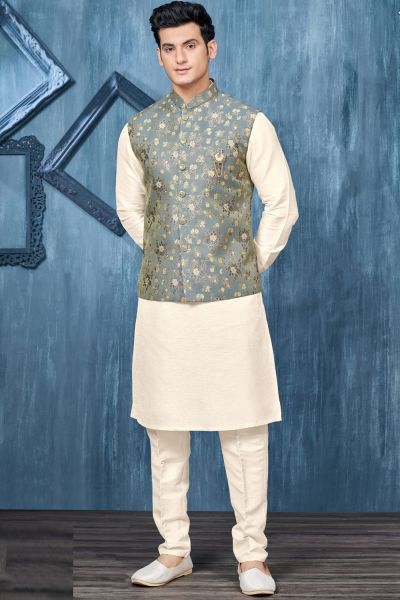 Printed Blue Jaquard Nehru Jacket (NMK-7369)