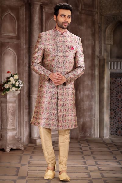 Printed Cream Art Silk Sherwani (NMK-6874)