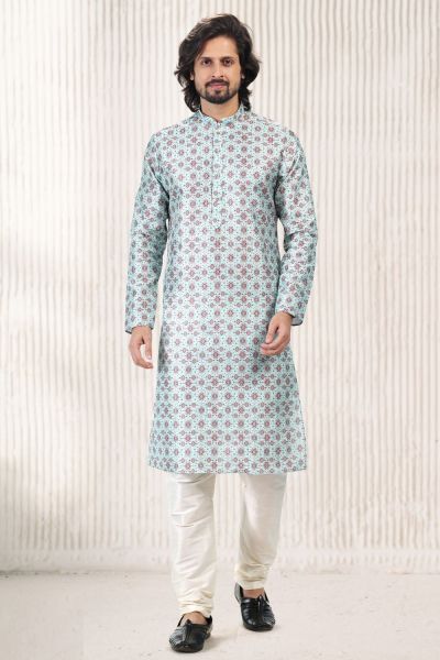 Printed Green Banarasi Silk Kurta Pajama (NMK-6719)