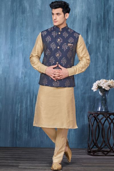 Printed Navy Blue Jaquard Nehru Jacket (NMK-7366)