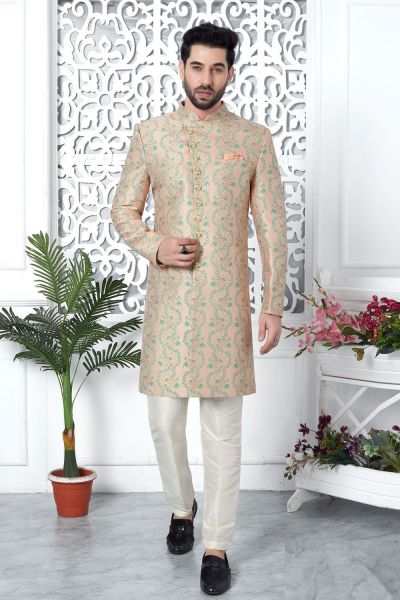 Printed Peach Jaquard Silk Indo Western (NMK-7195)