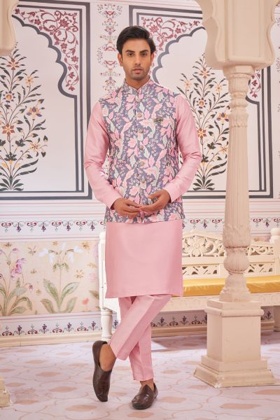 Printed Pink Art Silk Nehru Jacket (NMK-8072)