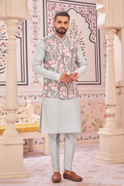 Printed Sky Blue Art Silk Nehru Jacket (NMK-8073)