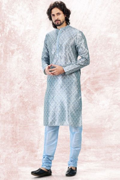 Printed Sky Blue Jaquard Banarasi Silk Kurta (NMK-6710)