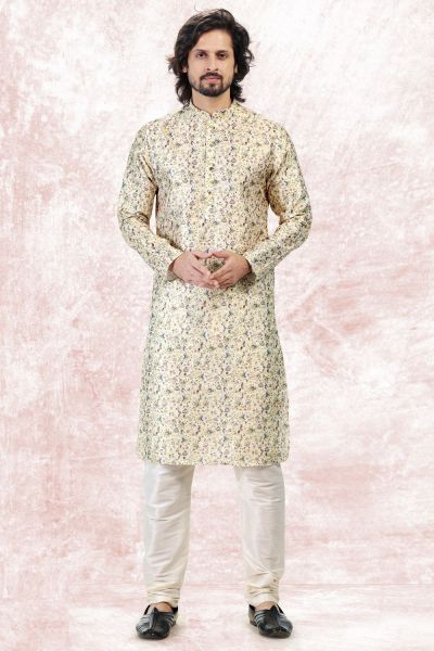 Printed Yellow Banarasi Silk Kurta Pajama (NMK-6722)