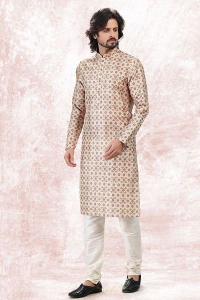 Printed Yellow Jaquard Silk Kurta Pajama (NMK-6718)