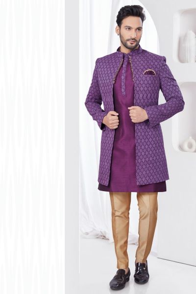 Purple Art Dupion Lucknowi Jacket Indo Western (NMK-7774)