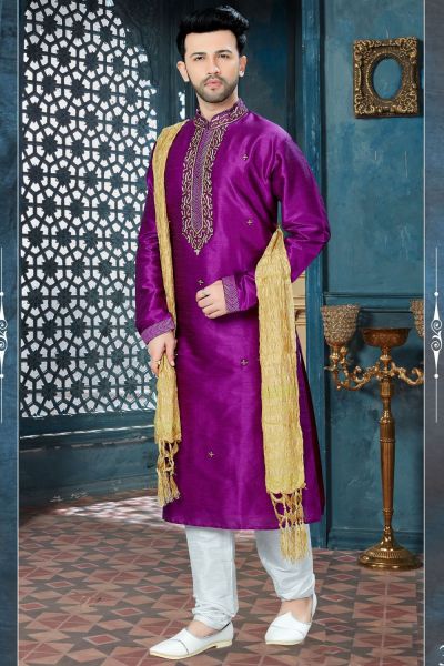 Purple Art Dupion Mens Kurta Pajama (NMK-3809)