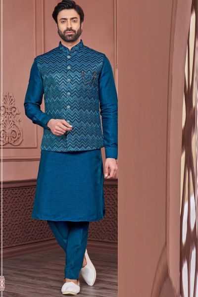 Rama Blue Art Banarasi Silk Nehru Jacket (NMK-7409)