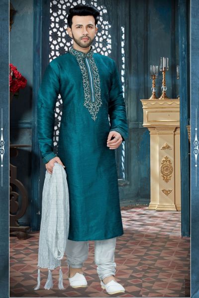 Rama Blue Art Dupion Designer Kurta Pajama (NMK-3819)