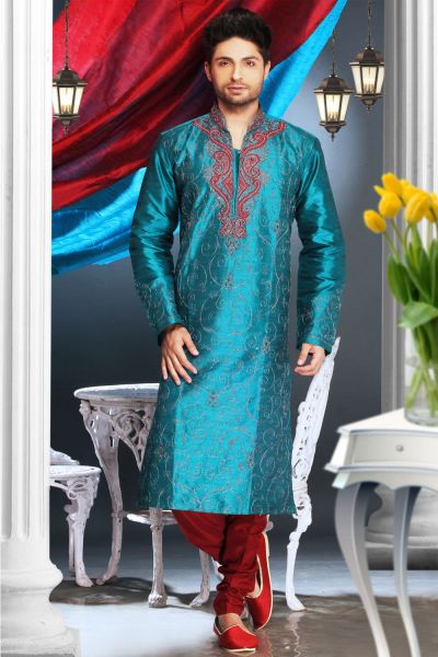 Rama Blue Art Dupion Kurta Pajama (NMK-1585)