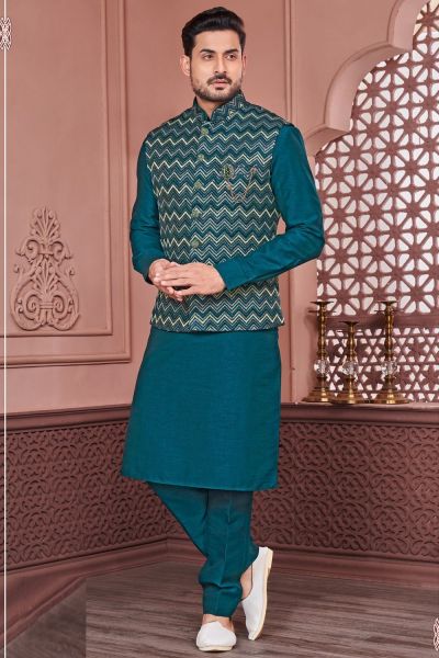 Rama Green Art Banarasi Silk Nehru Jacket (NMK-7410)