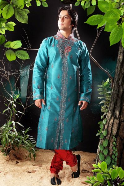 Rama Green Art Dupion Men Kurta Pajama (NMK-1182)