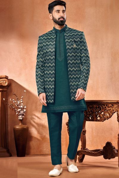 Rama Green Banarasi Silk Mens Jodhpuri (NMK-7250)