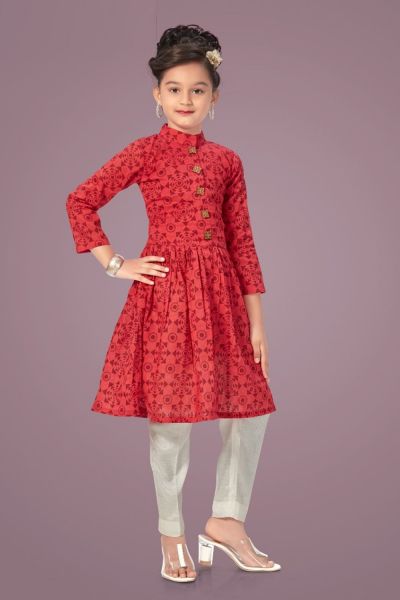 Red Cotton Girls Straight fit dress (NFG-252)