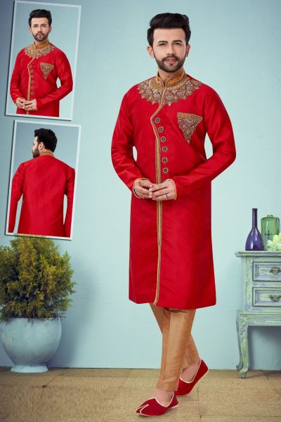 Red Dobby Kurta Pajama for Men (NMK-4866)