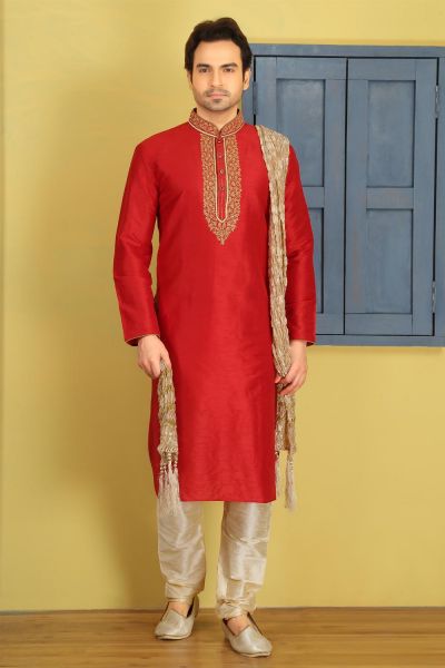 Red Dupion Art Silk Kurta Pajama (NMK-3732)