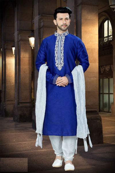 Royal Blue Art Dupion Designer Kurta Pajama (NMK-3754)