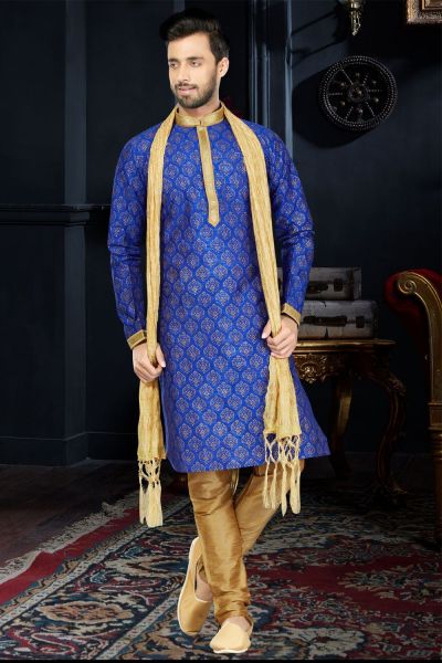 Royal Blue Art Dupion Kurta Pajama (NMK-3411)