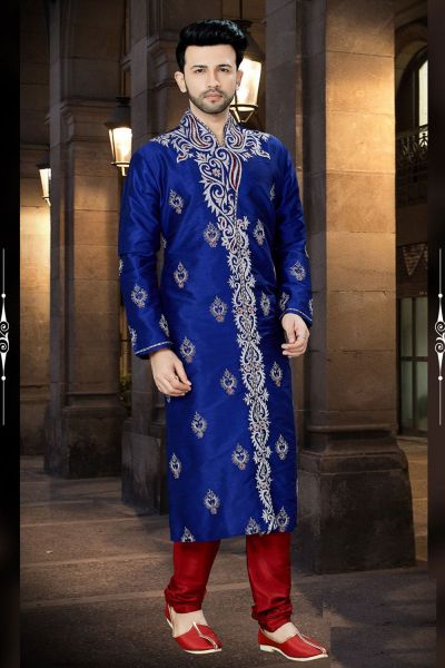 Royal Blue Art Dupion Kurta Pajama (NMK-3783)