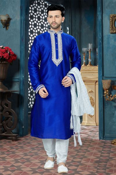 Royal Blue Art Dupion Regular Kurta Pajama (NMK-3812)