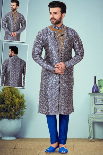 Royal Blue Banarasi Jaquard Kurta Pajama (NMK-4871)