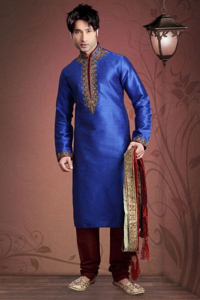 Royal Blue Jacquard Designer Kurta Pajama (NMK-2034)