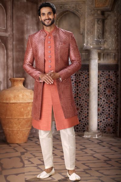 Rust Art Silk Indo Western for Men (NMK-6842)